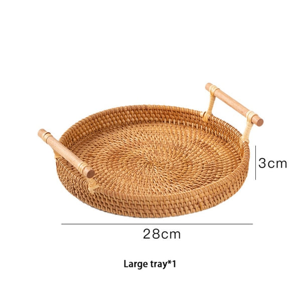 Handwoven Rattan Tray with Wooden Handles