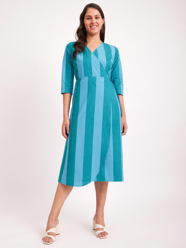 Cotton Poplin Stripe Play Wrap Dress - Green & Blue