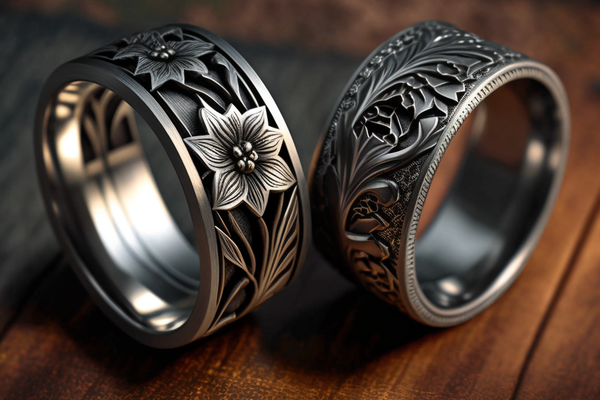 2 men's floral rings on a wooden surface