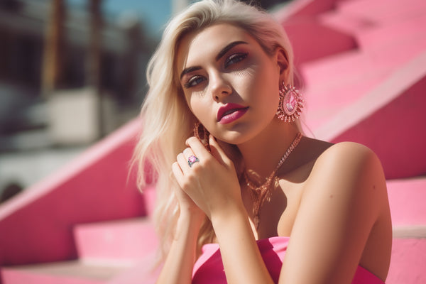 Blonde Latin woman wearing a pink crystal fashion ring, pink earrings, and pink necklace