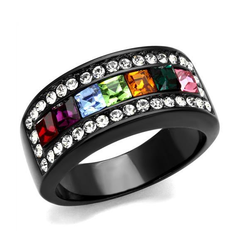 Women's Stainless Steel IP Black Top Grade Crystal Multi Color Ring