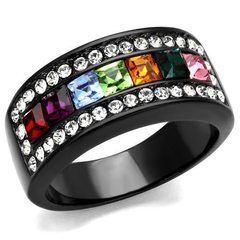 CJ1402J Wholesale Women's Stainless Steel IP Black Top Grade Crystal Multi Color Ring