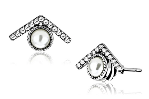CJ216 Wholesale Women's Stainless Steel Synthetic White Pearl Chevron Earrings