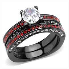 CJ3695 Wholesale Women's Stainless Steel IP Black AAA Grade CZ Clear & Red Solitaire Ring Set
