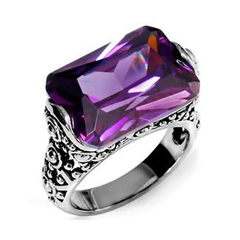 CJ7700OS WHOLESALE - STAINLESS STEEL ORNATE AMETHYST RECTANGLE CZ COCKTAIL RING
