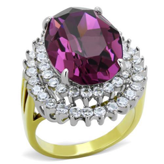 Two-Tone Stainless Steel Amethyst Purple Top-Grade Crystal Cocktail Ring