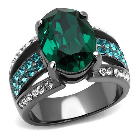 CJ2759 Light Black-Plated Stainless Steel Emerald Top-Grade Crystal Ring