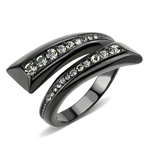 Black-Plated Stainless Steel Black Diamond Top-Grade Crystal Wrap Cuff Ring