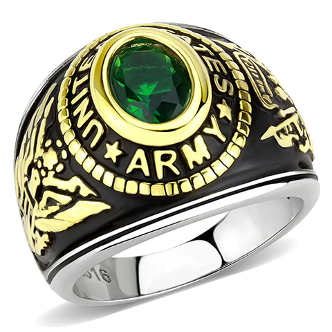 Unisex Two-Tone Stainless Steel Emerald Crystal United States Army Military Ring