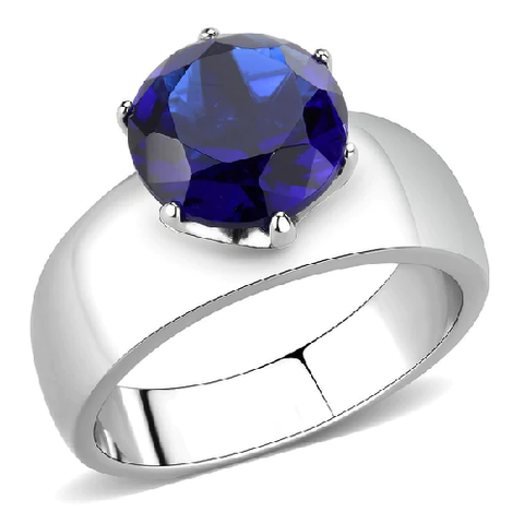 Stainless Steel Round Montana Sapphire Solitaire Ring