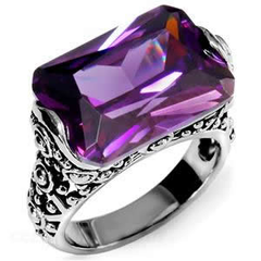 Stainless Steel Rectangle Amethyst CZ Ornate Cocktail Ring