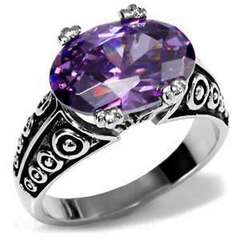 Stainless Steel Oval Amethyst CZ Ornate Cocktail Ring