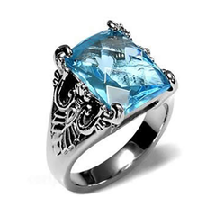 Stainless Steel Rectangle Aquamarine CZ Ornate Cocktail Ring