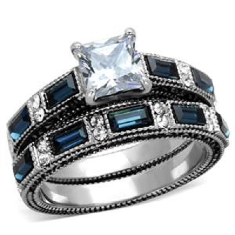Stainless Steel Blue and Clear AAA Grade Cubic Zirconia Wedding Set