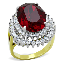 Two-Tone Stainless Steel Siam Red Top-Grade Crystal Cocktail Ring