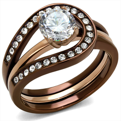 Light Coffee Brown and Rose Gold-Plated Stainless Steel CZ Ring Set