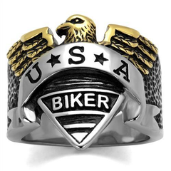 CJE2327 Wholesale Men's Stainless Steel Two-Tone IP Gold Epoxy Jet U.S.A. Biker Ring
