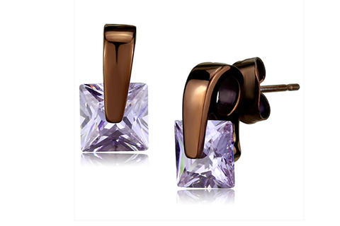 Chocolate-Plated Stainless Steel Earrings with Purple Cubic Zirconia 