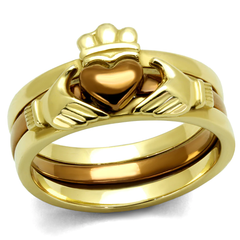 Gold and Light Coffee Brown-Plated Stainless Steel Claddagh Three-Ring Set