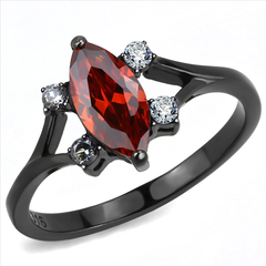 Black-Plated Stainless Steel Marquise-Cut Garnet and Clear CZ Ring