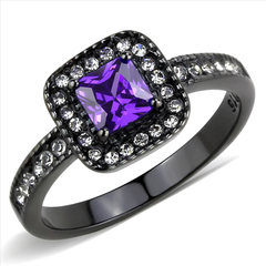 Black-Plated Stainless Steel Square-Cut Tanzanite CZ Ring