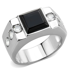 Stainless Steel Synthetic Onyx and Clear Crystal Ring