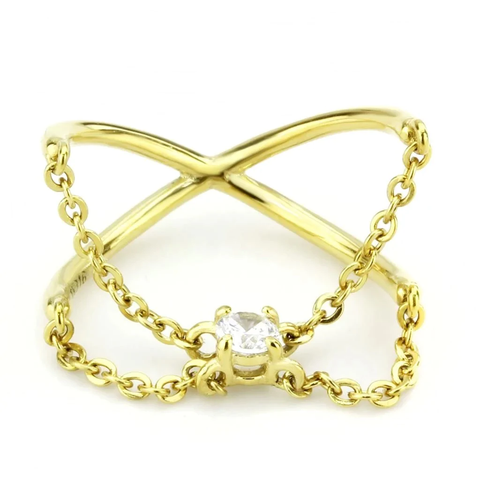 Gold-Plated Stainless Steel AAA Grade Clear Cubic Zirconia Chain Link Ring