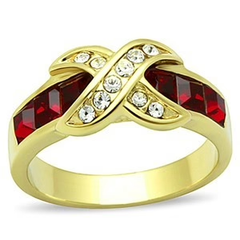 Gold-Plated Stainless Steel Garnet Red and Clear Crystal Crossing Ring