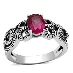 Stainless Steel Ruby Red AAA Grade Cubic Zirconia Ornate Ring