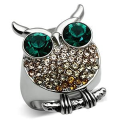 CJG2453 Stainless Steel Emerald Green Top-Grade Crystal Owl Ring