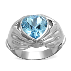 Stainless Steel Loving Arms Aquamarine Crystal Ring