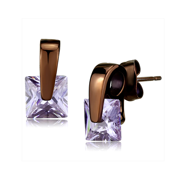 Purple CZ and Chocolate-Plated Stainless Steel Earrings