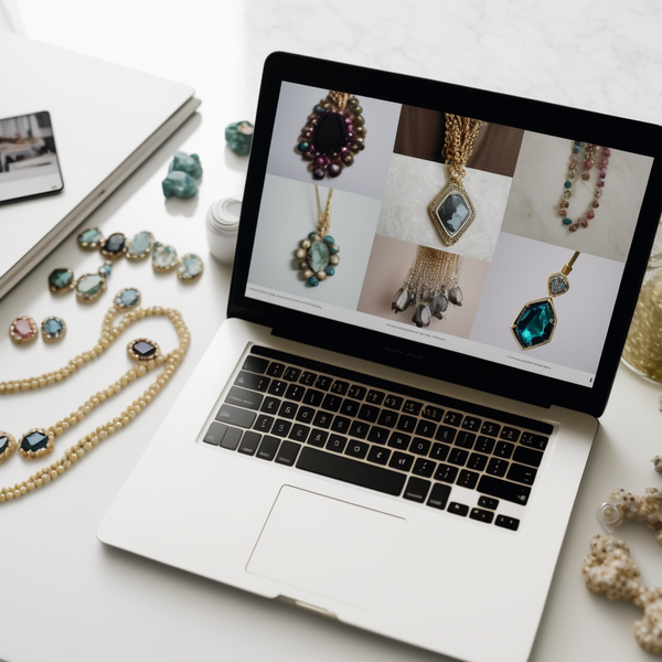 laptop with its screen showing images of fashion jewelry