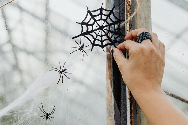 Hand With Black Fashion Ring Putting Halloween Decorations