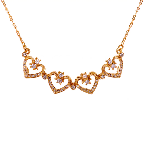 N7110 18K Yellow Gold Swarovski Crystal Four Heart W/ Magnet Lock Necklace
