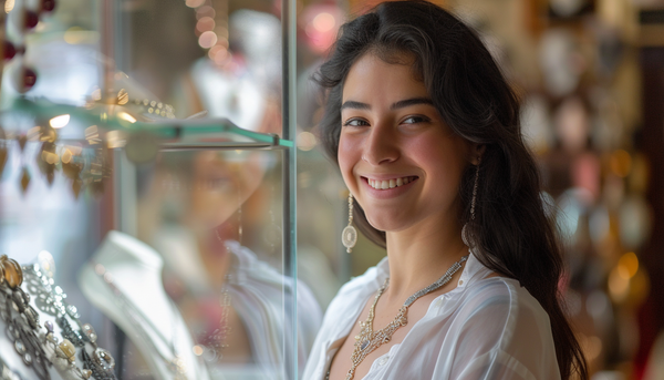 a brunette fashion jewelry shop owner smiling beside her glass jewelry display