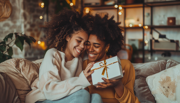 beautiful mom and daughter smiling and hugging each other on the sofa while daughter hands gift in small white box with gold ribbons to her mom