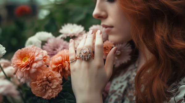 beautiful redhead woman wearing rose gold rings smelling flowers