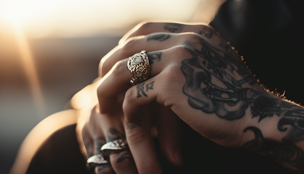 biker wearing skull rings on his tattooed hands and fingers