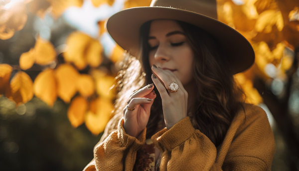 brunette woman in a brown wide brim hat and brown dress wearing yellow gold plated cz fashion rings, trees with yellow leaves in the background