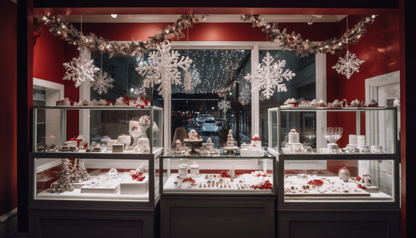 christmas-themed jewelry store display with .red and white christmas decors