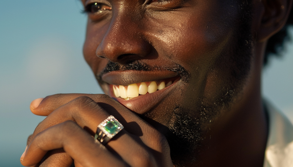 close up photo of a smiling man wearing stainless steel men's ring with an emerald green square-shaped center stone