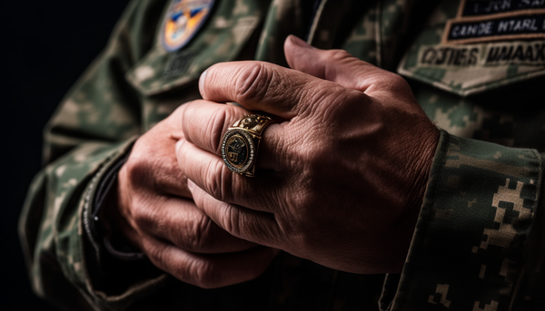 close up shot of army veteran wearing a military ring