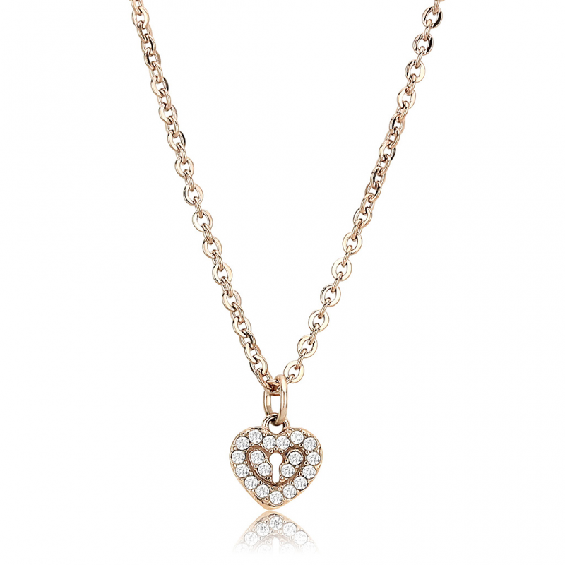 Stainless Steel IP Rose Gold AAA Grade CZ Clear Lock Heart Chain Pendant