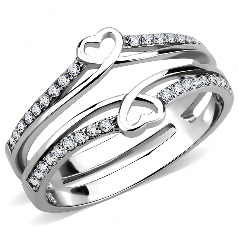 Stainless Steel High polished AAA Grade CZ Clear Double Heart Ring from CeriJewelry