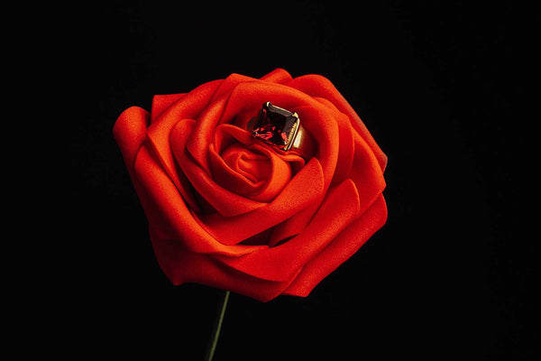 garnet fashion ring on a red rose against black backdrop