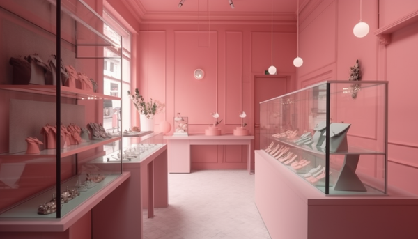 interior of a jewelry store with glass displays and beautiful pastel pink walls