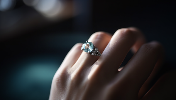 macro photo of a woman's hand wearing an aquamarine fashion ring