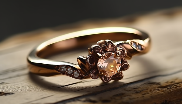 macro photography of a coffee-plated fashion ring with cz accents on a wooden table