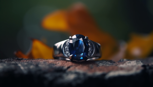macro photography of a fashion ring with an oval synthetic blue spinel center stone
